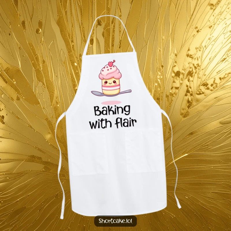 Funny shortcake winking on a spoon apron, a dessert character balancing skillfully, adding humor to cooking.