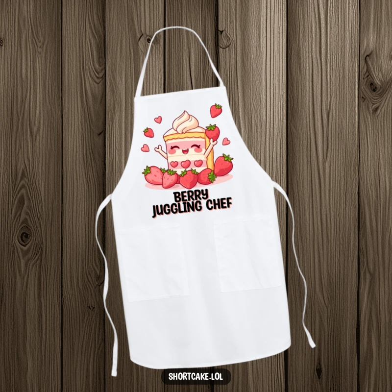 Funny shortcake apron showing a dessert slice juggling strawberries, perfect for adding a humorous touch to baking.