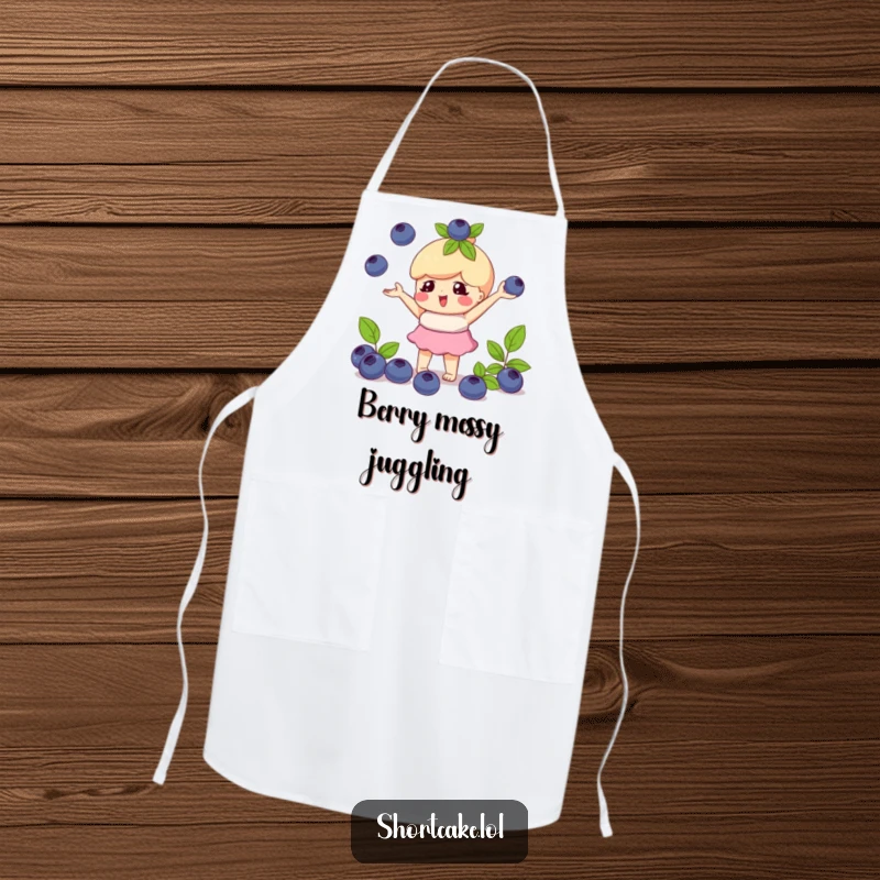Funny apron showing a shortcake character playfully juggling blueberries, perfect for cooking with playful skill.