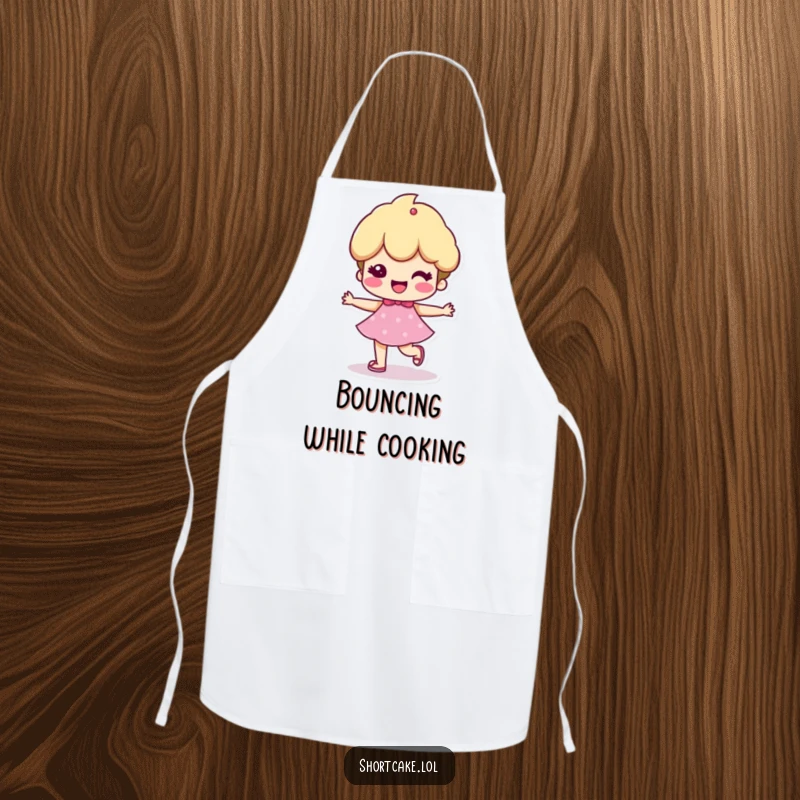 Funny apron featuring a shortcake character with a cheerful, bouncy step, perfect for kitchen activities while spreading joy.
