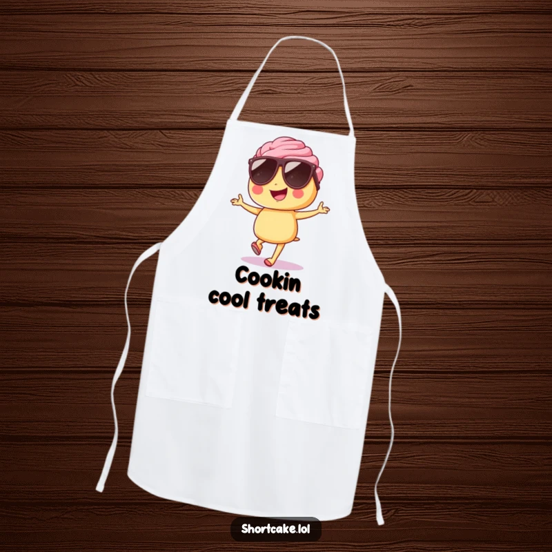 Funny shortcake apron, sunglasses, hopping confidently, kitchen fun, humorous cooking accessory, unique gift.