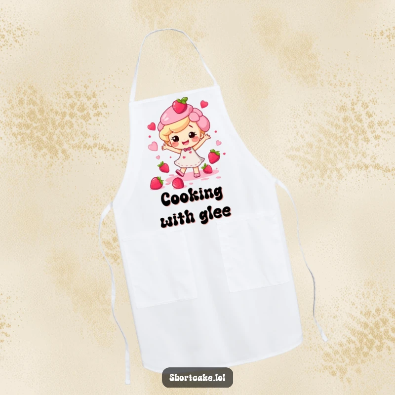 Funny happy shortcake character dancing with berry juice splatters, depicted on a cheerful kitchen apron.