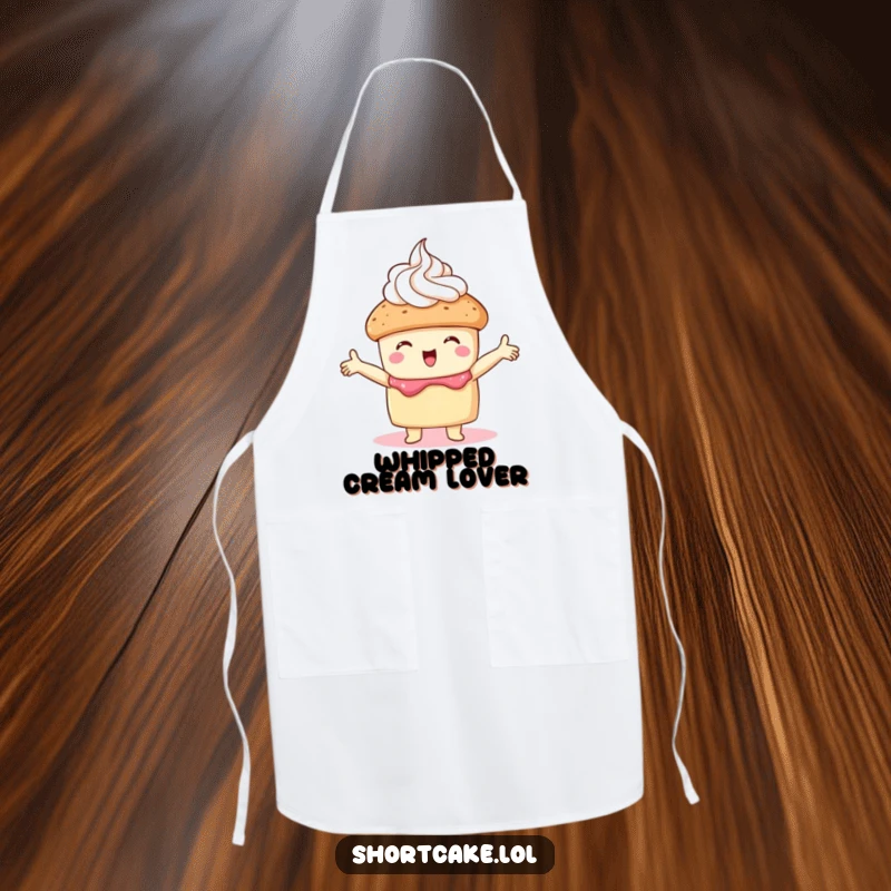 Funny shortcake apron featuring a shortcake embracing whipped cream with open arms, adding humorous flair to baking.