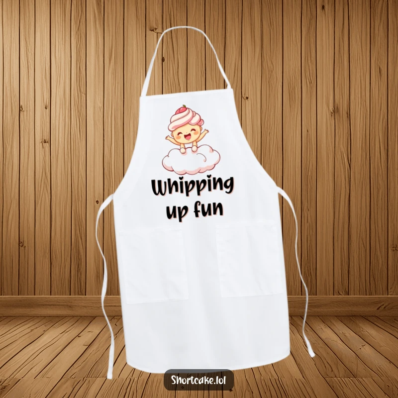 Funny shortcake apron featuring a giggling shortcake bouncing on a fluffy cloud, adding humorous flair to baking.