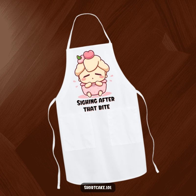 Funny shortcake apron, cute dessert character with eyes closed, satisfied sigh, kitchen wear, practical funny gift.