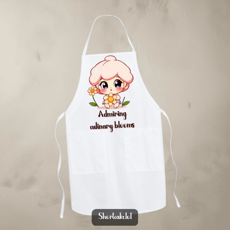Funny Shortcake Apron with a character having wide, delighted eyes looking at a flower, perfect for a sweet and humorous kitchen.