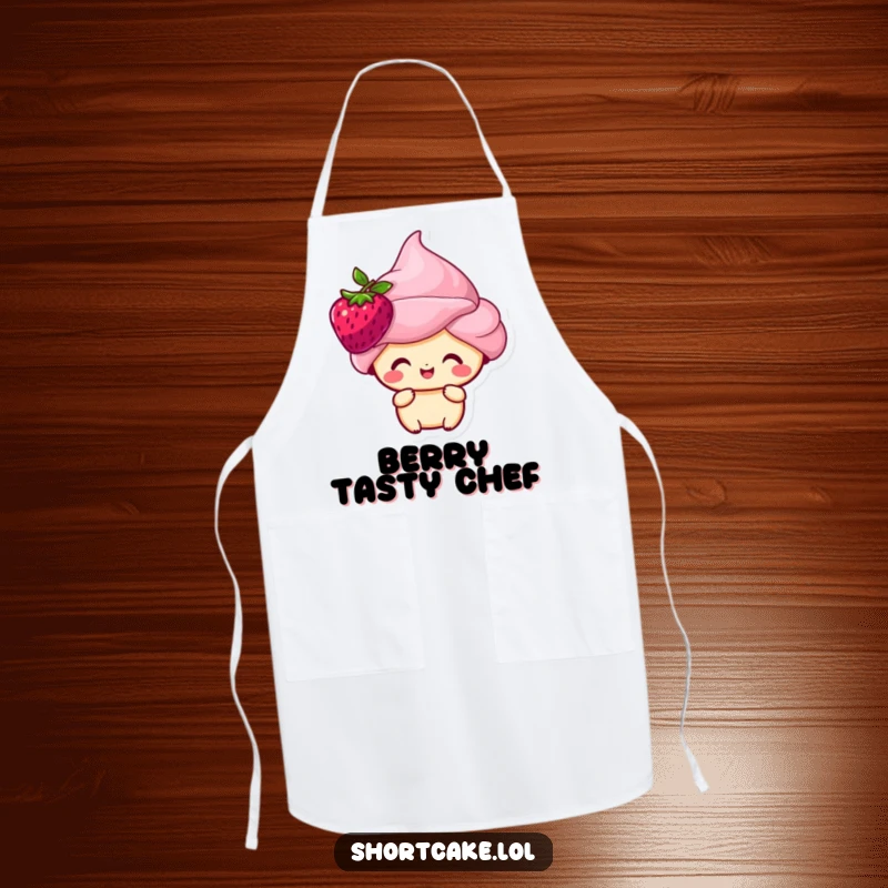 Funny shortcake character with a berry on its head, looking happy, featured on a practical apron.