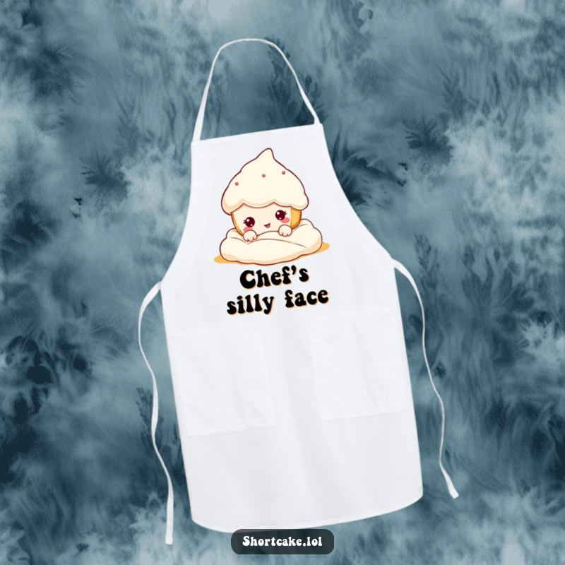 Funny kawaii shortcake peeking from cream, making a hilarious funny face, adding humor and personality to kitchen wear. Perfect gift.