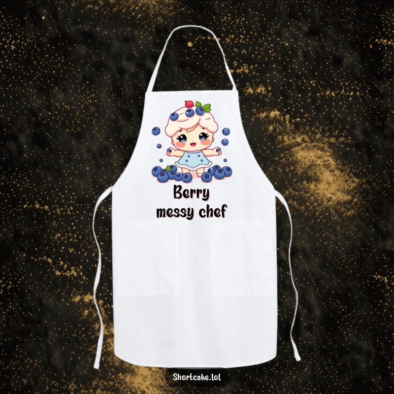 Funny Shortcake Apron: A shortcake character juggling tiny blueberries, perfect for a funny kitchen gift.