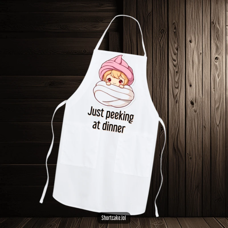 Funny apron with a shortcake character peeking from a meringue swirl, perfect for keeping clean while cooking with a humorous touch.