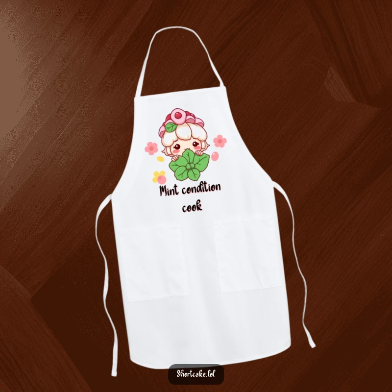 Funny Shortcake Apron: A shortcake character peeks from behind a mint leaf with a grin, ready for kitchen fun.