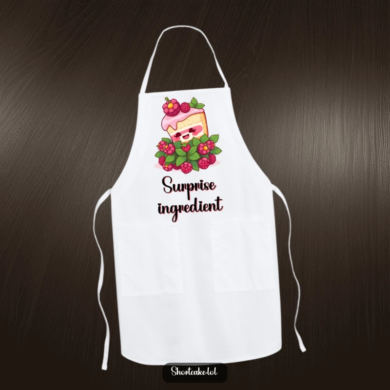 Funny Shortcake Surprise Apron. A shortcake slice pops out of a berry bush with surprise, adding a humorous touch to kitchen wear.