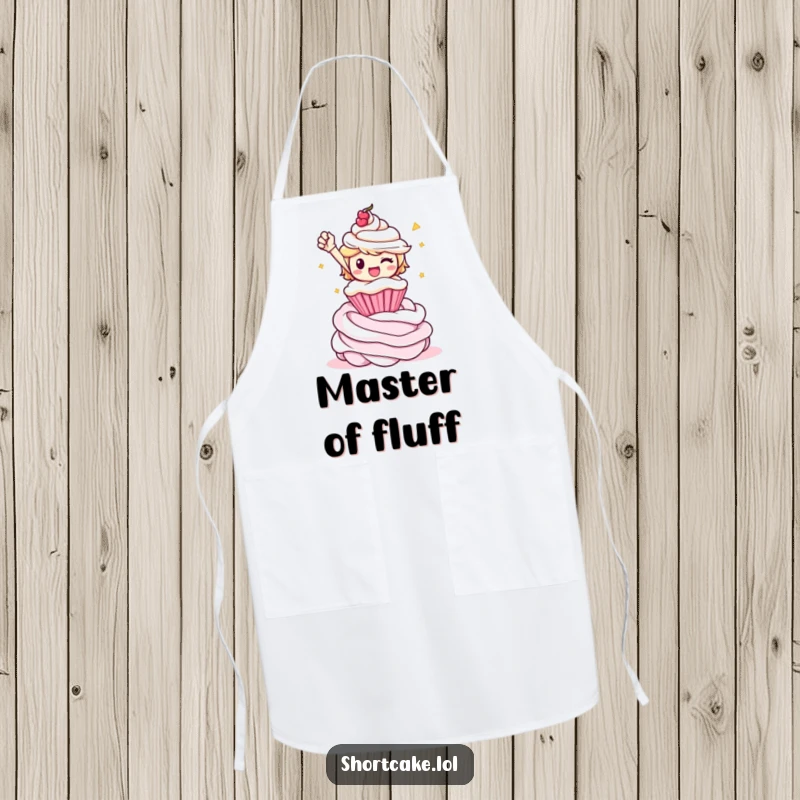 Funny shortcake character striking a triumphant pose on a whipped cream swirl, featured on a kitchen apron.