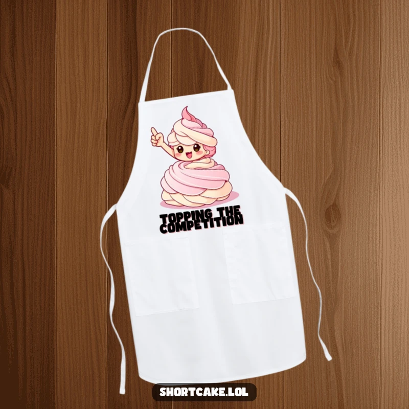Funny Shortcake Apron showing a triumphant shortcake character striking a pose on a whipped cream swirl.