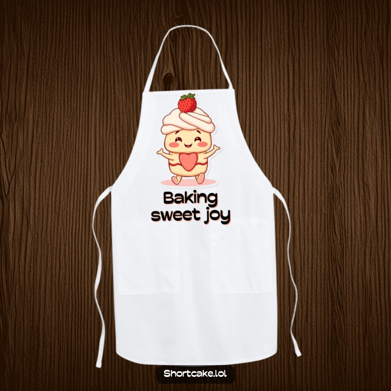 Funny Shortcake Apron: A smiling shortcake character with a strawberry on top, wiggling its feet adorably.