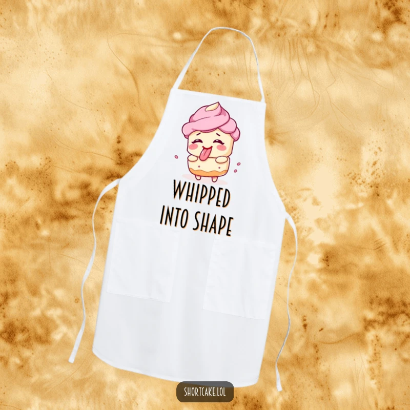 Funny shortcake apron, spinning, silly face, tongue out, kitchen humor, cooking accessory, unique gift.