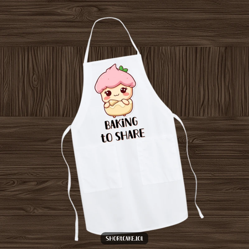 Funny apron featuring a shortcake slice character with a sweet expression, offering a bite, ideal for kitchen sharing.