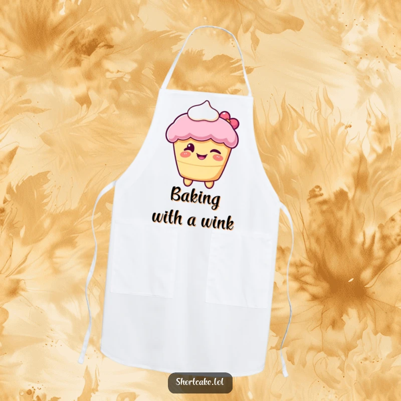 Funny apron showcasing a shortcake character winking playfully, adding sweet charm and humor to cooking.