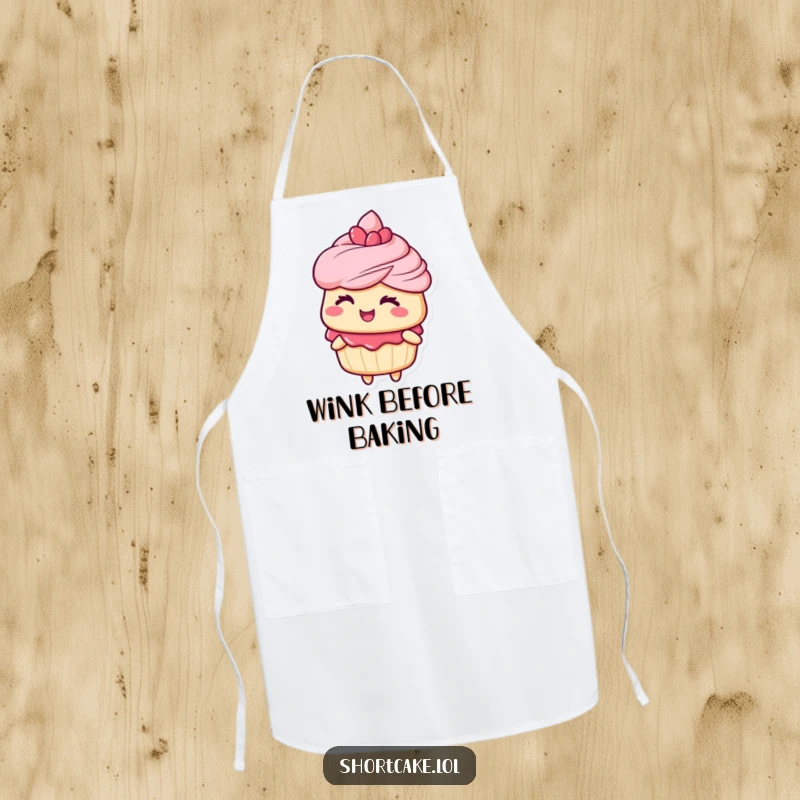 Funny apron featuring a shortcake character giving a playful wink, perfect for cooking activities while adding a touch of humor.