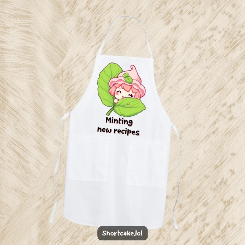 Funny Shortcake Apron showing a sweet shortcake character peeking with a grin from behind a large mint leaf.