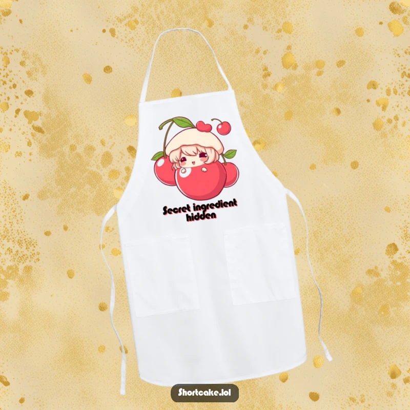 Funny Apron featuring a shortcake character peeking from behind a big cherry, perfect for adding humor to kitchen activities.