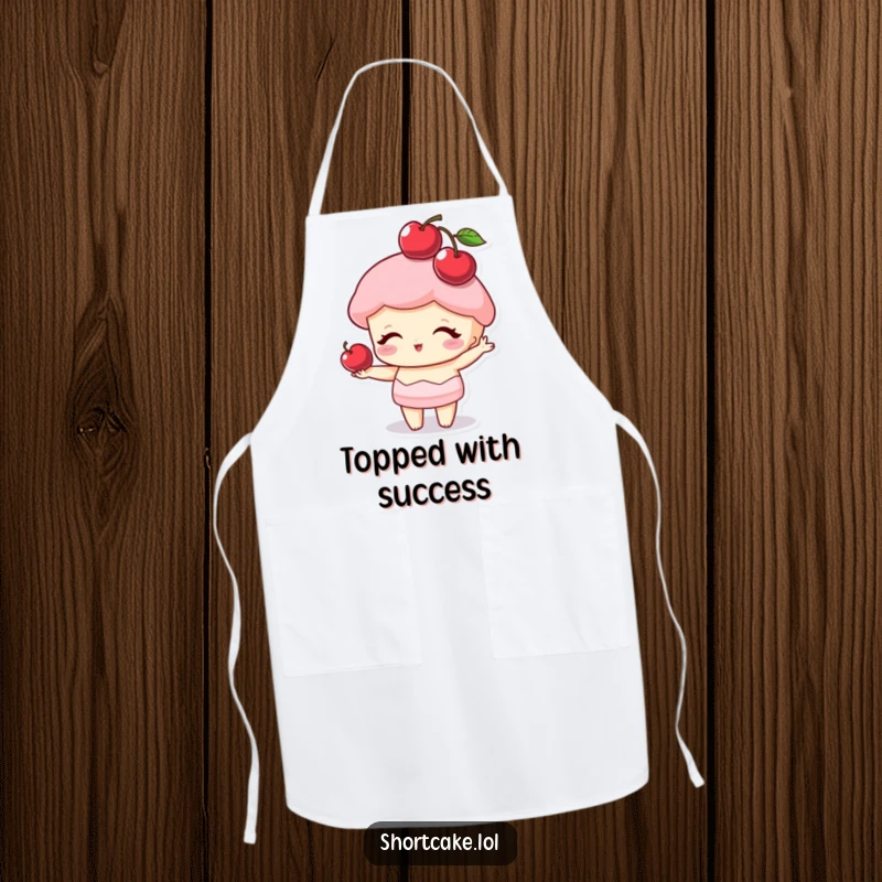 Funny shortcake character balancing a cherry on its point like a hat, a delightful and humorous apron for baking fun.