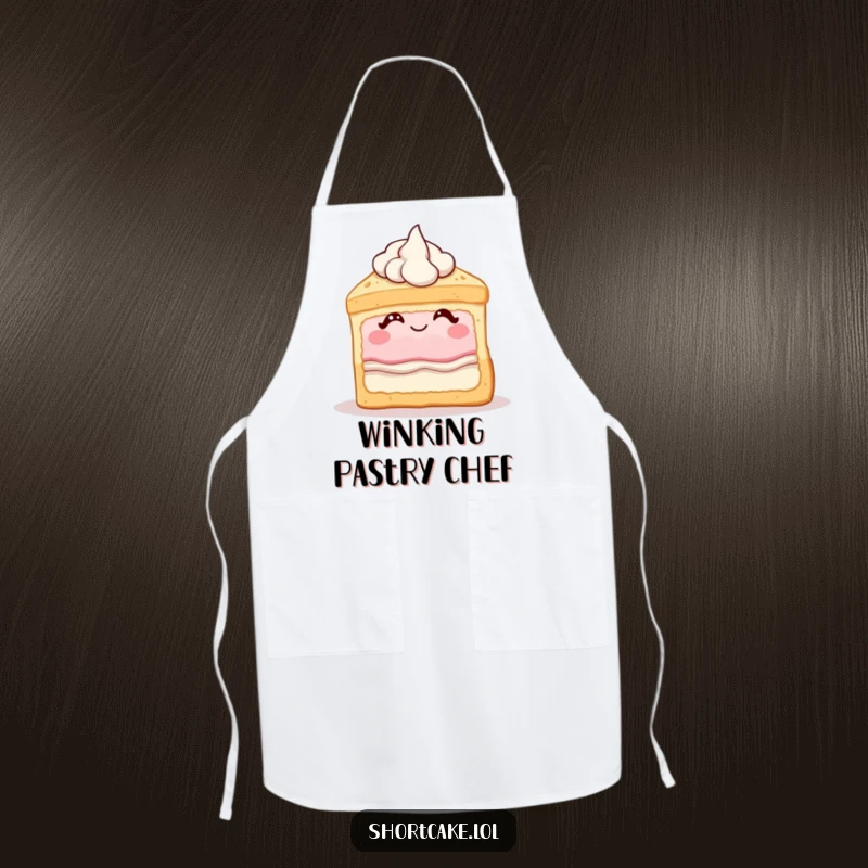 Funny shortcake apron showing a dessert slice winking with cream, perfect for adding a humorous touch to baking.