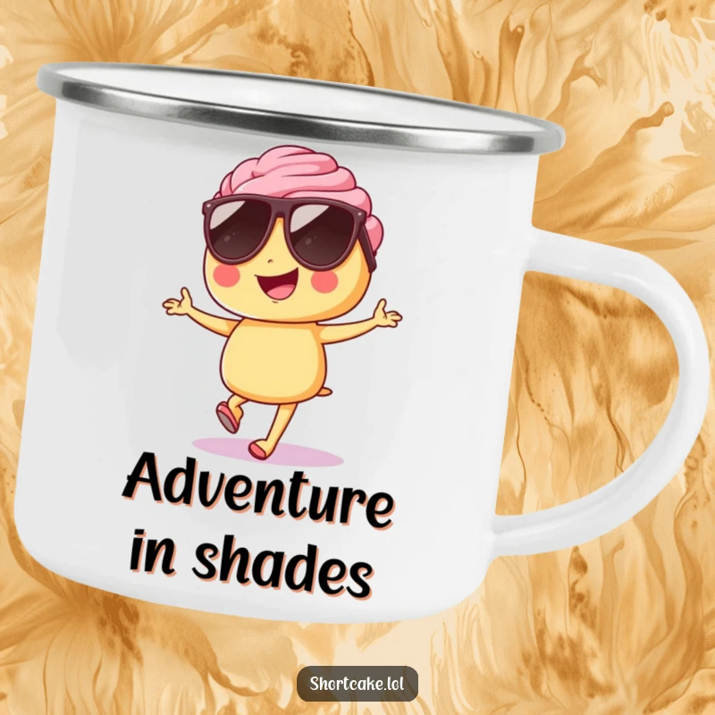 Funny shortcake camping mug, sunglasses, hopping, outdoors, durable, cheerful, humorous.