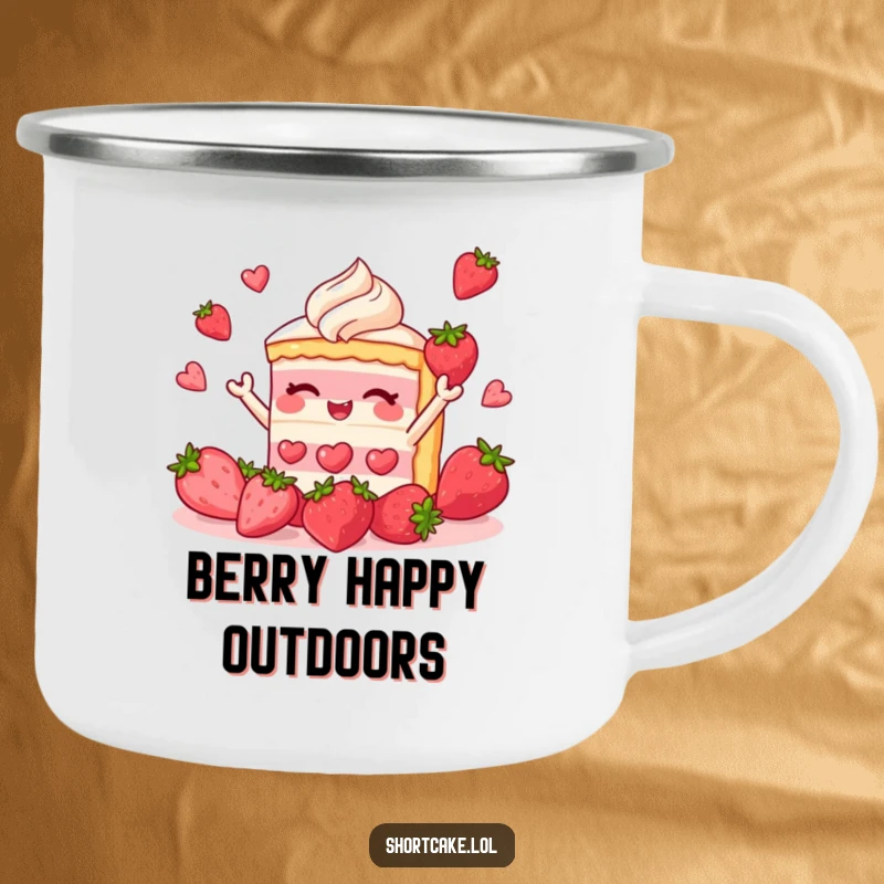 Funny shortcake camping mug showing a dessert slice juggling strawberries, designed for outdoor enthusiasts who appreciate sweet humor.