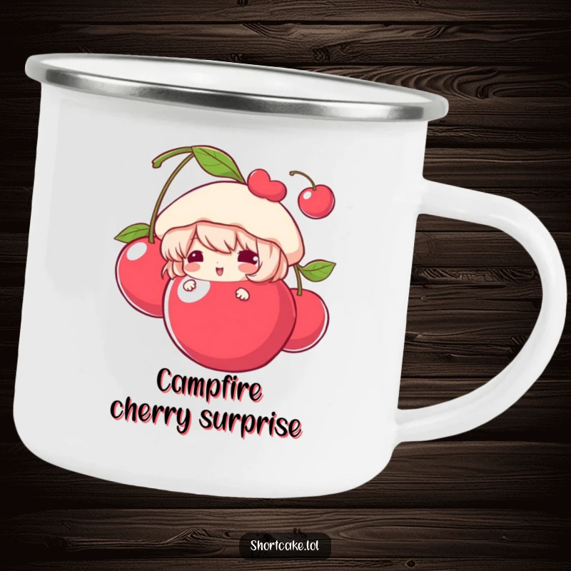 Funny Camping Mug featuring a shortcake character peeking from behind a large cherry, perfect for outdoor enjoyment and humor.