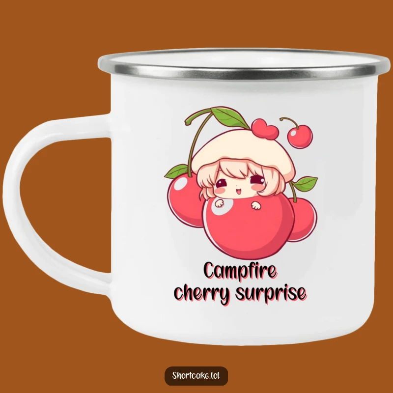 Funny Shortcake Camping Mug: Cherry Peek Surprise for Outdoor Fun!