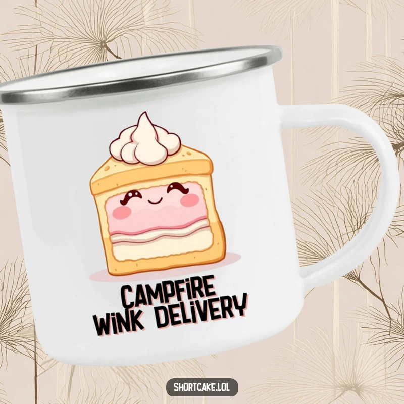Funny shortcake camping mug showing a dessert slice winking with cream, designed for outdoor enthusiasts who appreciate playful humor.