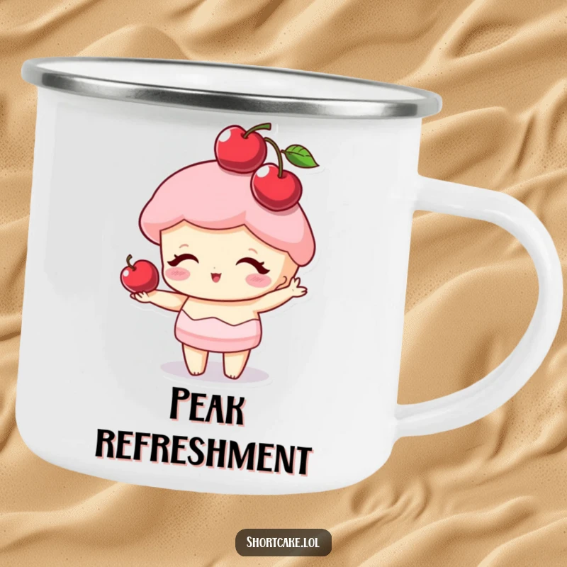 Funny shortcake character balancing a cherry on its point like a hat, a sturdy and humorous camping mug for outdoor sips.