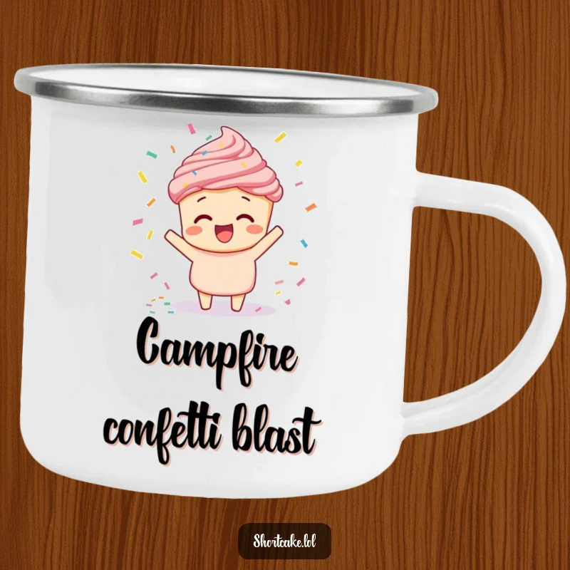 Funny shortcake doing a confetti toss camping mug, a dessert character celebrating outdoors with confetti, ideal for drinks.