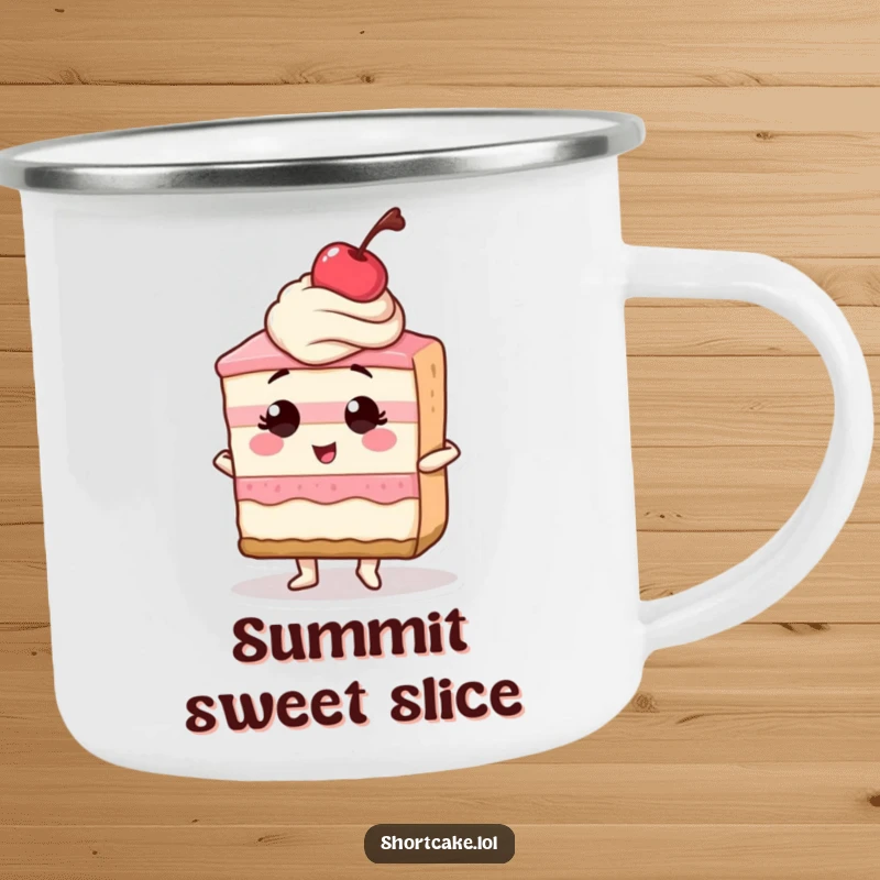 Funny camping mug showing a shortcake slice standing confidently with a cherry on top, fueled by adventure and humor.
