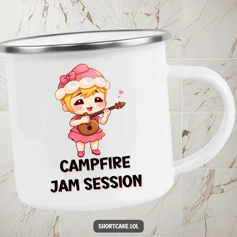 Funny shortcake character playing a tiny fife with gusto, a sturdy and humorous camping mug for outdoor music enjoyment.