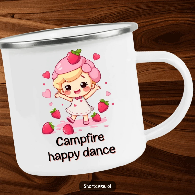 Funny happy shortcake character dancing with berry juice splatters, perfect for a funny enamel camping mug.