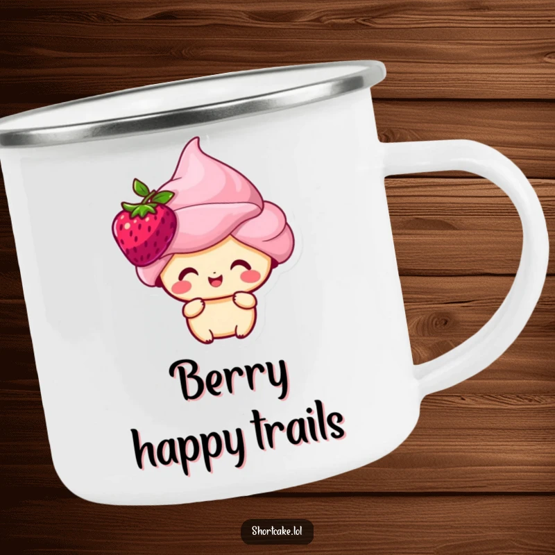 Funny shortcake character with a berry on its head, looking happy, featured on a sturdy camping mug.