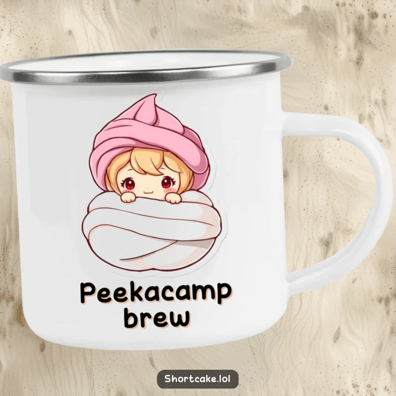 Funny camping mug with a shortcake character peeking from a meringue swirl, designed for outdoor adventures and humorous moments.