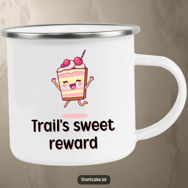Funny Shortcake Slice Camping Mug with a character leaping joyfully, ready for outdoor adventures and sweet moments.
