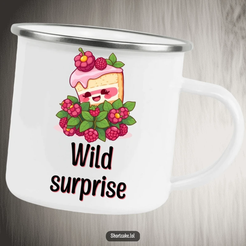 Funny Shortcake Surprise Camping Mug. An enamel mug featuring a shortcake slice popping out of a berry bush with surprise, for outdoor humor.