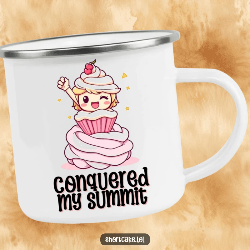 Funny shortcake character in a triumphant pose on whipped cream, perfect for a funny enamel camping mug.