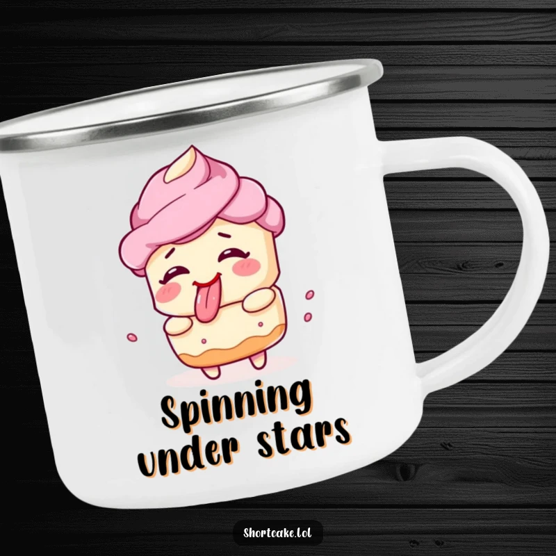 Funny shortcake camping mug, spinning, silly face, tongue out, outdoor fun, durable, humorous.