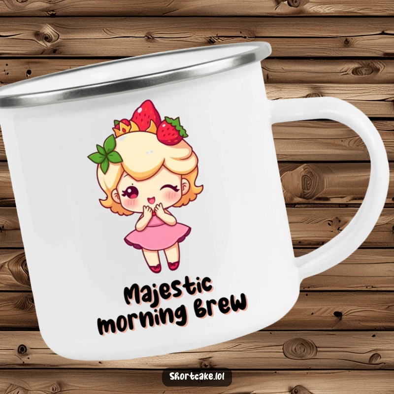 Funny shortcake character wearing a strawberry crown and curtsying, a sturdy and humorous camping mug for outdoor elegance.