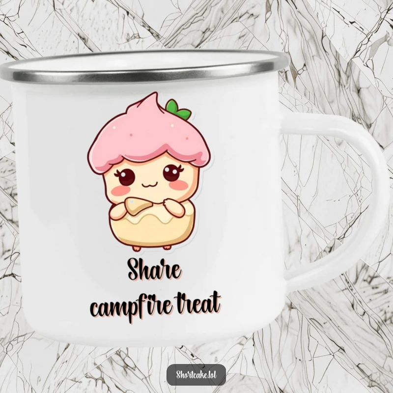 Funny camping mug showing a shortcake slice character offering a bite with a sweet expression, perfect for outdoor sharing.