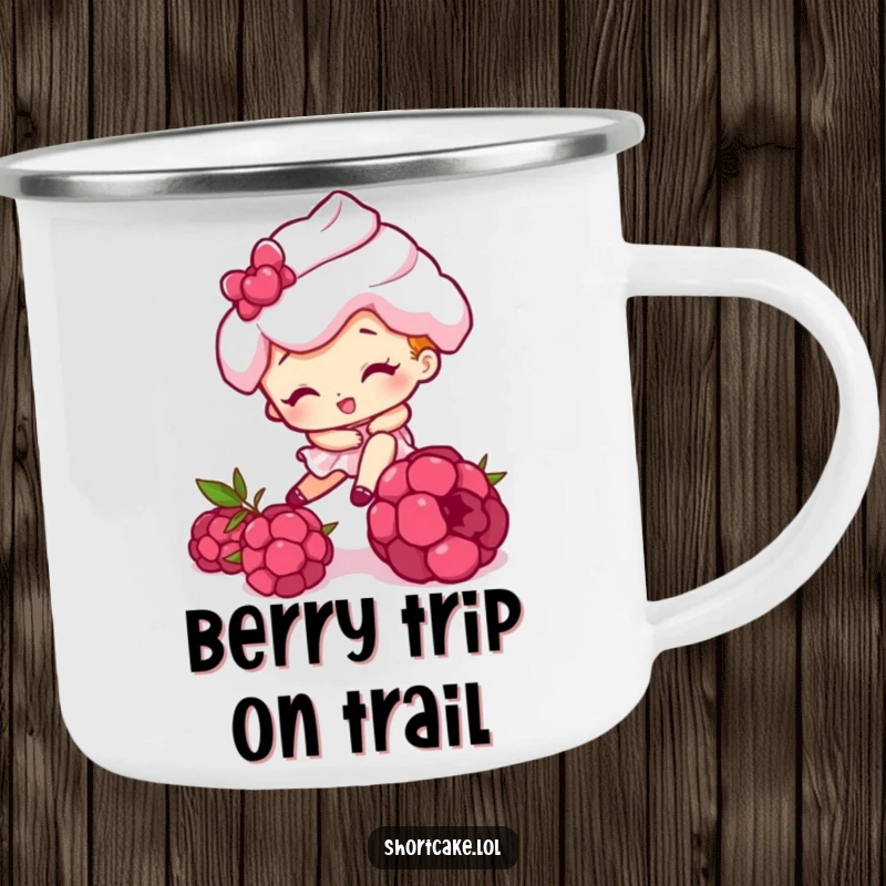 Funny camping mug with a shortcake character comically tripping over a raspberry, designed for outdoor use and humorous moments.