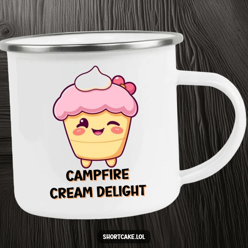 Funny camping mug with a shortcake character winking playfully, perfect for enjoying drinks outdoors with a sweet twist.