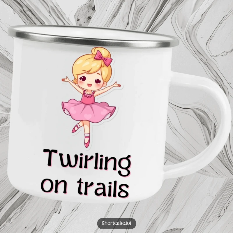 Funny camping mug with a shortcake character performing a ballet twirl, designed for outdoor enjoyment.