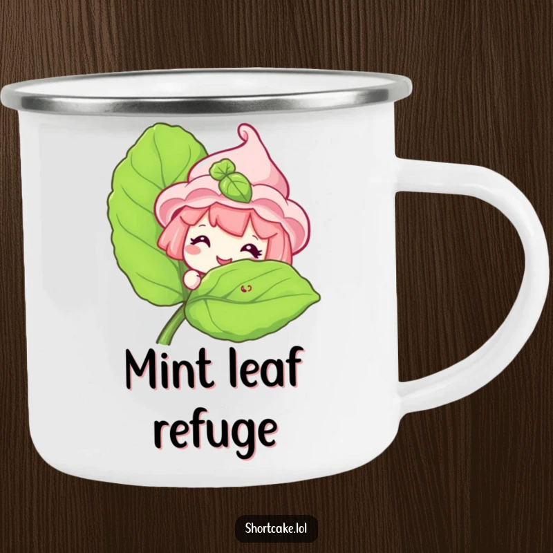 Funny Shortcake Camping Mug showing a sweet shortcake character peeking with a grin from behind a mint leaf.