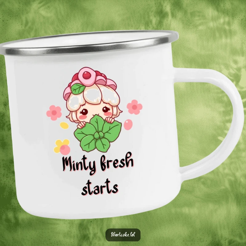 Funny Shortcake Camping Mug: A shortcake character peeks from behind a mint leaf with a grin, perfect for sweet outdoor sips.